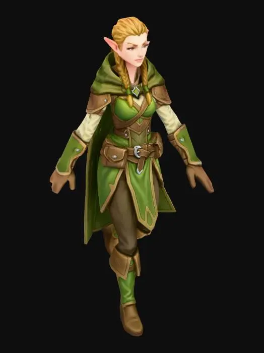3D model for A very pretty sneaky elf video game character closed hands. No background (solid white) and no shadow.