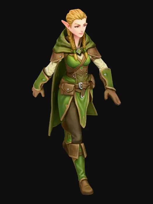 3D model for A very pretty sneaky elf video game character closed hands. No background (solid white) and no shadow.
