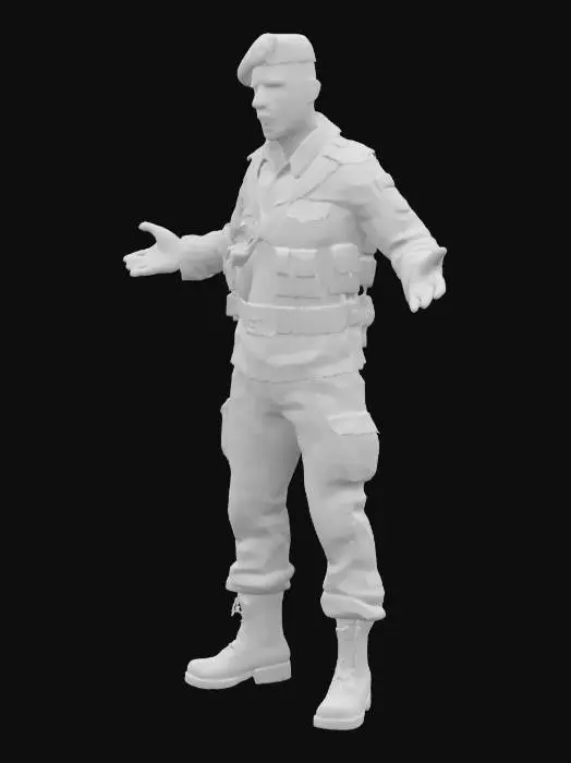 3D model for soldier with outstretched arms, soldier with black beret, dark uniform with flecktarn camouflage pattern, superb detail