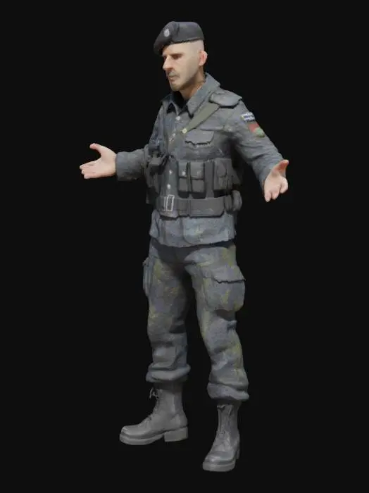 3D model for soldier with outstretched arms, soldier with black beret, dark uniform with flecktarn camouflage pattern, superb detail
