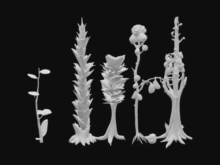 3D model for Alien plant “Spineleaf Columnar” shown across its life cycle in a single image strip or sequence: seedling – tiny translucent stalk with two curled glowing leaves; juvenile – 1m tall jade column with spiral ridges and six spine leaves dotted with bioluminescence; mature – 4m segmented violet-green trunk with metallic blade leaves and glowing sap; flowering – stalk split open with golden inner cavity and floating luminous fruits; decay – blackened curling spines, hollow trunk, glowing fruits collapsing into iridescent puddles. Highly detailed, cinematic, sci-fi concept art.