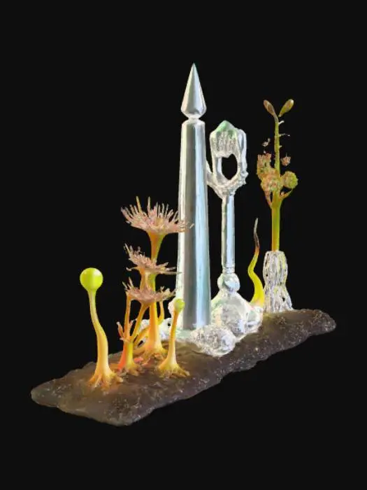 3D model for Alien plant “Glassfern Obelisk” shown across its full life cycle in a single image strip: seedling – fragile translucent fronds sprouting from a crystal bud, faint teal glow in veins; juvenile – 1.5m tall, semi-transparent stalk with radial fanlike fronds edged in silver, base rooting in glassy nodules; mature – towering 5m column, trunk faceted like quartz, canopy of wide crystalline fronds refracting rainbow light, shimmering spores drifting; flowering – crown splits to reveal radiant prism core projecting beams, pearl-like seed pods dangle on glowing filaments; decay – fronds crack and shatter, trunk hollow and fractured, iridescent shards scattered across ground, dim glow fading. Ultra-detailed, cinematic alien flora concept art.