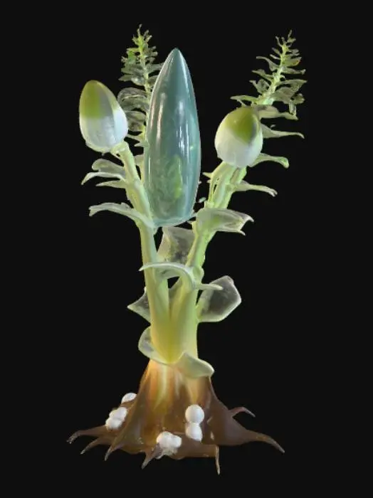 3D model for Alien plant “Glassfern Obelisk” shown across its full life cycle in a single image strip: seedling – fragile translucent fronds sprouting from a crystal bud, faint teal glow in veins; juvenile – 1.5m tall, semi-transparent stalk with radial fanlike fronds edged in silver, base rooting in glassy nodules; mature – towering 5m column, trunk faceted like quartz, canopy of wide crystalline fronds refracting rainbow light, shimmering spores drifting; flowering – crown splits to reveal radiant prism core projecting beams, pearl-like seed pods dangle on glowing filaments; decay – fronds crack and shatter, trunk hollow and fractured, iridescent shards scattered across ground, dim glow fading. Ultra-detailed, cinematic alien flora concept art.