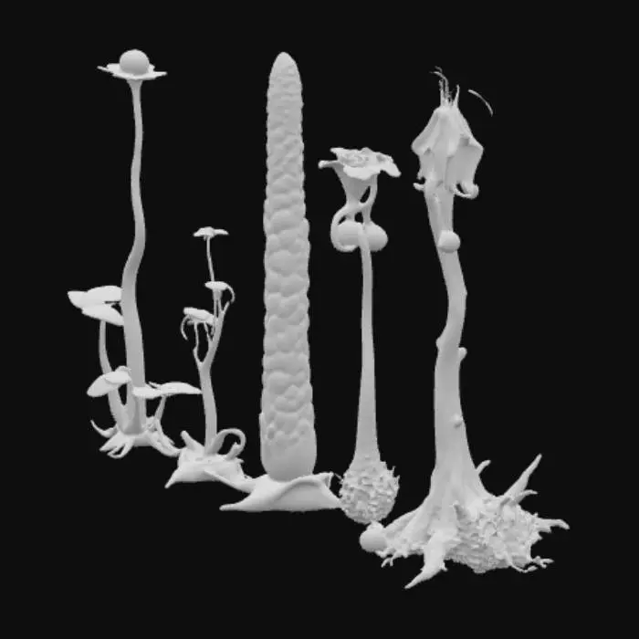 3D model for Alien plant “Spineleaf Columnar” shown across its life cycle in a single image strip or sequence: seedling – tiny translucent stalk with two curled glowing leaves; juvenile – 1m tall jade column with spiral ridges and six spine leaves dotted with bioluminescence; mature – 4m segmented violet-green trunk with metallic blade leaves and glowing sap; flowering – stalk split open with golden inner cavity and floating luminous fruits; decay – blackened curling spines, hollow trunk, glowing fruits collapsing into iridescent puddles. Highly detailed, cinematic, sci-fi concept art.