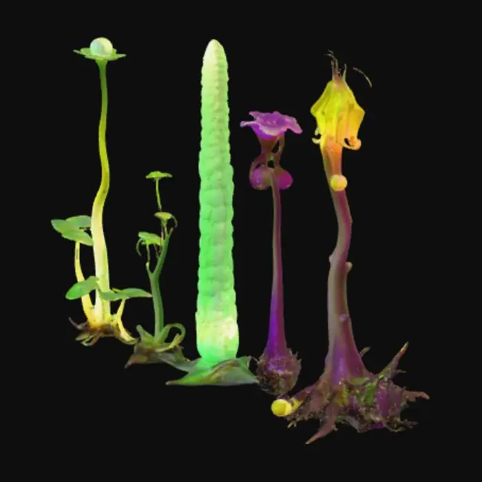 3D model for Alien plant “Spineleaf Columnar” shown across its life cycle in a single image strip or sequence: seedling – tiny translucent stalk with two curled glowing leaves; juvenile – 1m tall jade column with spiral ridges and six spine leaves dotted with bioluminescence; mature – 4m segmented violet-green trunk with metallic blade leaves and glowing sap; flowering – stalk split open with golden inner cavity and floating luminous fruits; decay – blackened curling spines, hollow trunk, glowing fruits collapsing into iridescent puddles. Highly detailed, cinematic, sci-fi concept art.