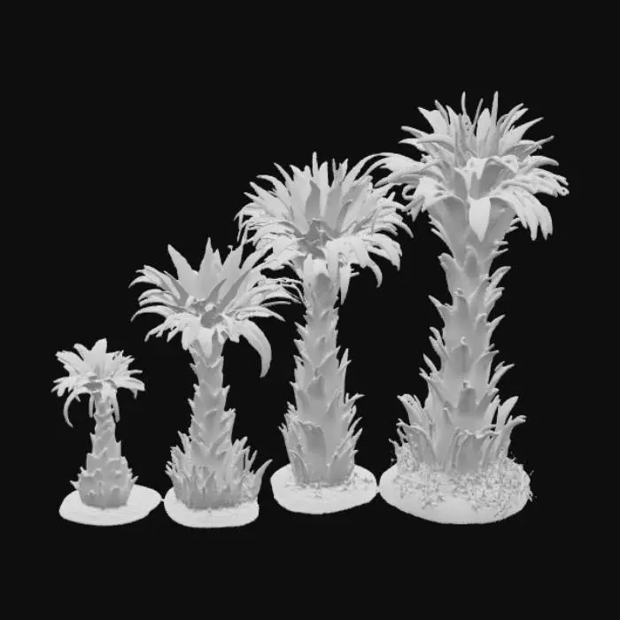 3D model for Alien plant “Spineleaf Columnar” shown across its life cycle in a single image strip or sequence: seedling – tiny translucent stalk with two curled glowing leaves; juvenile – 1m tall jade column with spiral ridges and six spine leaves dotted with bioluminescence; mature – 4m segmented violet-green trunk with metallic blade leaves and glowing sap; flowering – stalk split open with golden inner cavity and floating luminous fruits; decay – blackened curling spines, hollow trunk, glowing fruits collapsing into iridescent puddles. Highly detailed, cinematic, sci-fi concept art.