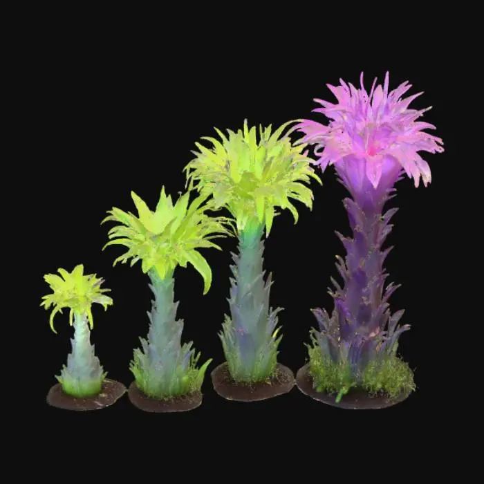 3D model for Alien plant “Spineleaf Columnar” shown across its life cycle in a single image strip or sequence: seedling – tiny translucent stalk with two curled glowing leaves; juvenile – 1m tall jade column with spiral ridges and six spine leaves dotted with bioluminescence; mature – 4m segmented violet-green trunk with metallic blade leaves and glowing sap; flowering – stalk split open with golden inner cavity and floating luminous fruits; decay – blackened curling spines, hollow trunk, glowing fruits collapsing into iridescent puddles. Highly detailed, cinematic, sci-fi concept art.