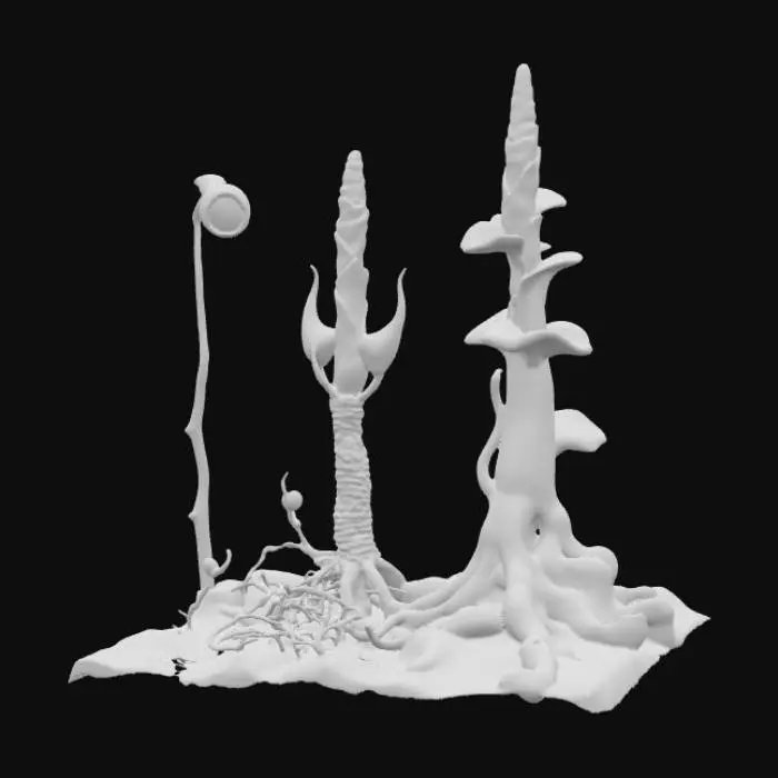 3D model for Alien plant “Veilroot Spire” depicted through five life stages in one continuous sequence: seedling – pale wormlike shoot curling from soil, tipped with a tiny glowing red eye-bud; juvenile – 1m tall, slender stalk wrapped in black tendrils, forming a loose lattice around a pulsing core; mature – 3m spire of braided vines hardened into dark chitin, crown crowned with wide membrane sails glowing violet from within; flowering – sails unfurl into vast translucent curtains that drip luminous nectar and release drifting cloudlets of phosphorescent dust; decay – structure buckles inward, membranes tatter like burnt cloth, core collapses into a molten amber pool seeping into the ground, faint sparks flickering as the last tendrils crumble. Ultra-detailed, eerie alien flora concept art.