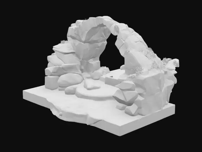 3D model for highly realistic diorama showcasing a natural stone arch over a fast-moving river. The arch is constructed from rugged, weathered rocks with patches of moss and grass growing in the crevices, adding to the lifelike texture and age.

Below the arch, whitewater rapids rush over rounded stones, with clear resin used to convincingly simulate the dynamic flow of water. The river appears turbulent and energetic, cascading toward the front of the diorama and spilling slightly over the wooden base edge, enhancing the illusion of motion.