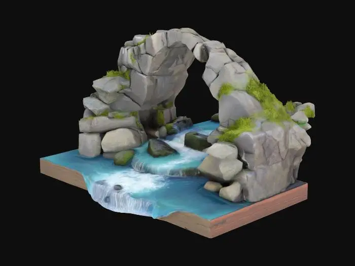3D model for highly realistic diorama showcasing a natural stone arch over a fast-moving river. The arch is constructed from rugged, weathered rocks with patches of moss and grass growing in the crevices, adding to the lifelike texture and age.

Below the arch, whitewater rapids rush over rounded stones, with clear resin used to convincingly simulate the dynamic flow of water. The river appears turbulent and energetic, cascading toward the front of the diorama and spilling slightly over the wooden base edge, enhancing the illusion of motion.