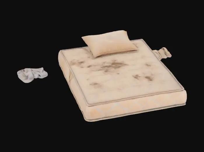 3D model for dirty matras on the floor, dirty pillow on the bed and a towel or small dirty blanket.
