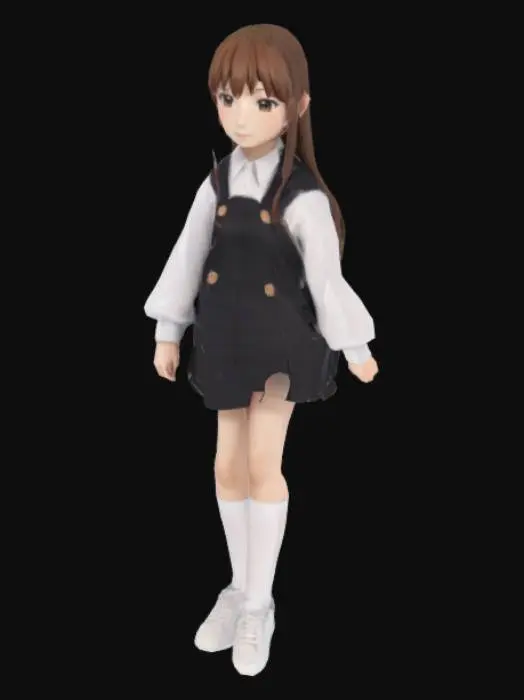 3D model for The object is a 3D anime-style  cute japan girl character with a slim figure, wearing a black pinafore dress over a white blouse, white socks ,white athletic shoes,featuring smooth textures and long brown hair.