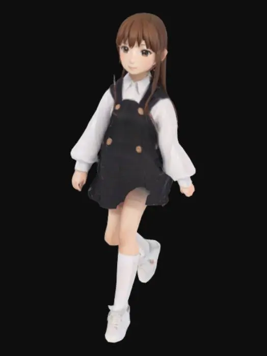 3D model for The object is a 3D anime-style  cute japan girl character with a slim figure, wearing a black pinafore dress over a white blouse, white socks ,white athletic shoes,featuring smooth textures and long brown hair.