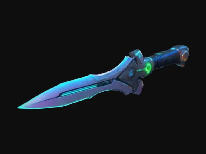 3D model for Sci-Fi Tech Dagger,cartoon style,Sleek metallic blade, glowing energy edges, holographic emitter, nano-tech patterns, retractable handle, plasma core, cybernetic grip, neon accents, futuristic inscriptions, lightweight alloy, precision-engineered, dynamic lighting, high-tech aesthetic, perfect for cyberpunk or space opera themes