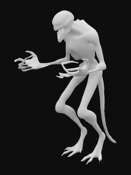3D model for horror monster tall, lanky, looks sort of deformed. big hands has a really deformed head. has a foward posture. fleshy and some bones are revealed. realistic