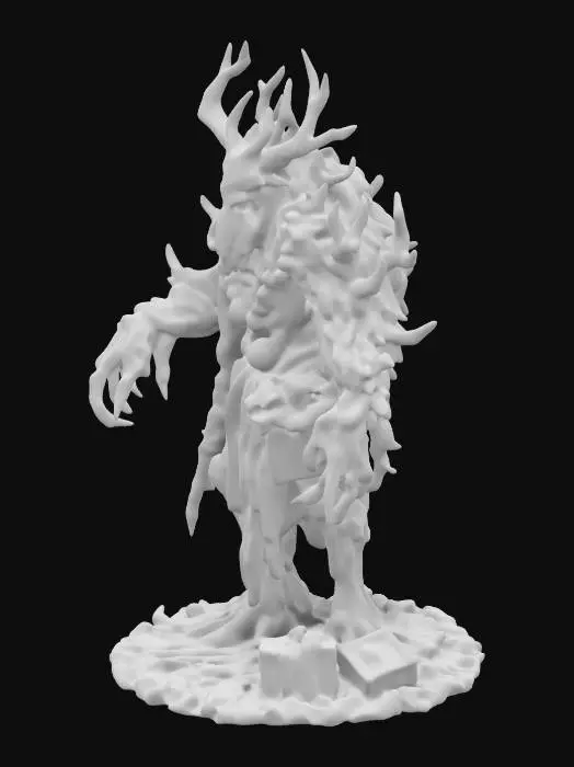 3D model for Jack Frost a gigantic Brutalist Demon, Scary Creature made of Ice, Bone, flesh, Golem made up of random christmas ornaments, trees, presents, insane crazy, childrens nightmare fuel, nightmare core, christmas core, #ChristmasAdventure#