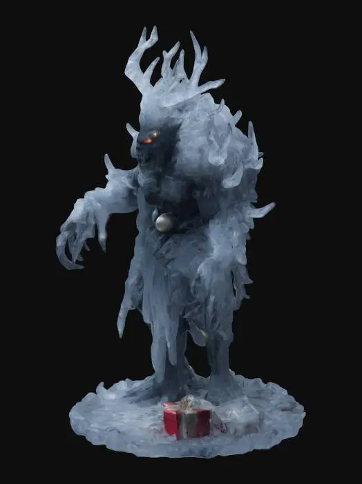 3D model for Jack Frost a gigantic Brutalist Demon, Scary Creature made of Ice, Bone, flesh, Golem made up of random christmas ornaments, trees, presents, insane crazy, childrens nightmare fuel, nightmare core, christmas core, #ChristmasAdventure#