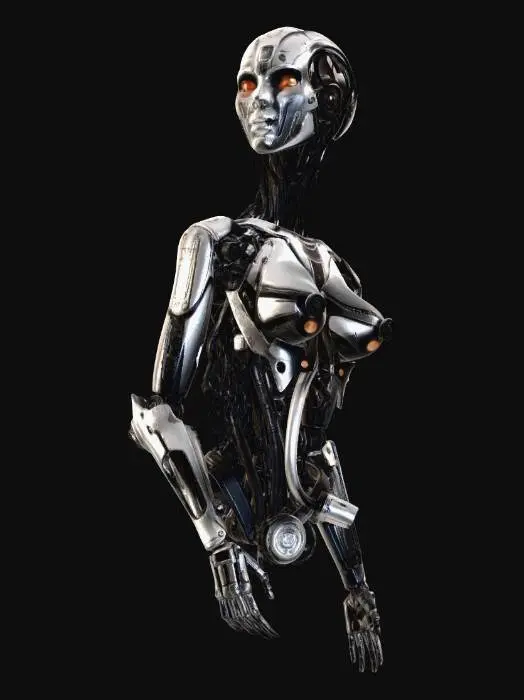 3D model for A disheveled office space with the torso of a female robot suspended in the middle of the room