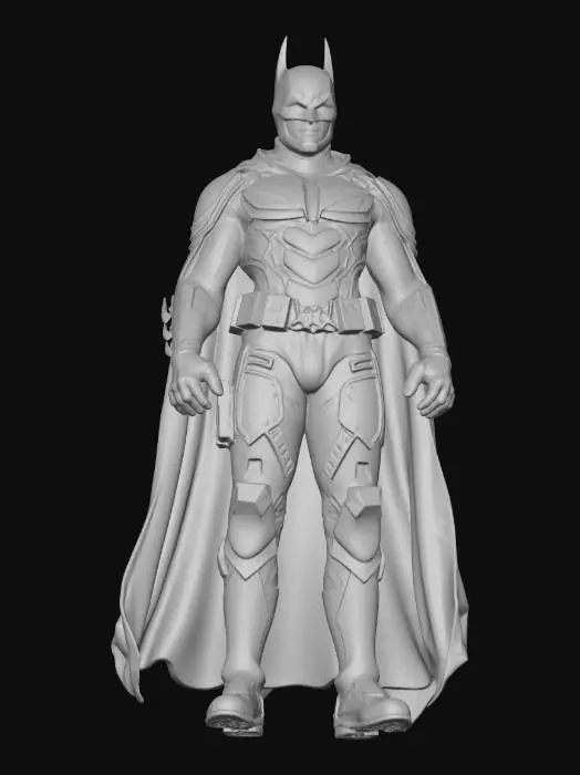 3D model for A dark gritty Batman-inspired vigilante emerging from shadows, wearing a battle-damaged armored suit with scratches, dirt, and realistic wear. The cape is torn and flowing, the eyes glowing faintly in darkness. The character stands in a rain-soaked alley with smoke and dim lighting. Hyper-realistic textures, cinematic lighting, deep shadows, dramatic mood, ultra-detailed sculpt, AAA game character quality, clean topology, 8K.