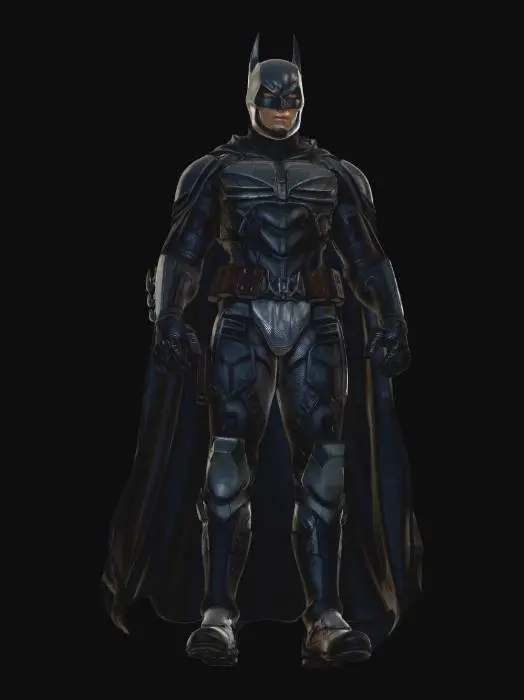 3D model for A dark gritty Batman-inspired vigilante emerging from shadows, wearing a battle-damaged armored suit with scratches, dirt, and realistic wear. The cape is torn and flowing, the eyes glowing faintly in darkness. The character stands in a rain-soaked alley with smoke and dim lighting. Hyper-realistic textures, cinematic lighting, deep shadows, dramatic mood, ultra-detailed sculpt, AAA game character quality, clean topology, 8K.