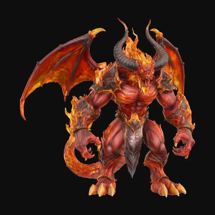 3D model for roaring fire demon with large curled horns and ferocious claws