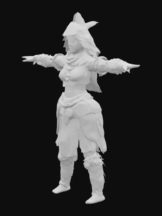 3D model for 3d female character from the medieval, stylized low-poly art style, angry,malicious hungry with ,styled broken armored and helm. Character should be in t-pose for riging purpose