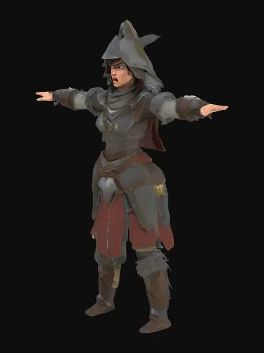 3D model for 3d female character from the medieval, stylized low-poly art style, angry,malicious hungry with ,styled broken armored and helm. Character should be in t-pose for riging purpose
