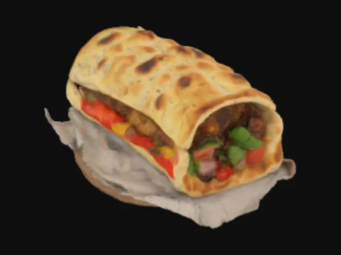 3D model for Ultra-realistic, oversized XL rollo-kebab, measuring an impressive 60 cm in length rollo and about 10 cm thick, designed with rich, detailed textures for 3D rendering. The golden-baked flatbread is slightly charred with crisped edges, tightly wrapped in a rustic napkin for grip. From the open top, tender, juicy slices of grilled kebab meat burst out, glistening with savory juices. Colorful layers of fresh, shredded vegetables—cabbage, lettuce, tomatoes, onions—add vibrant contrast, topped with a generous drizzle of spicy red chili sauce that oozes down the sides. The rollo kebab is packed and dense, yet still slightly soft to the touch,evoking street food realism. Perfectly suited for ultra-detailed food visualizations or high-end animation renders.