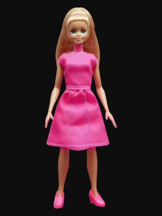 3D model for Barbie doll, natural hair, plastic, blonde, well-lit, pink clothes.
