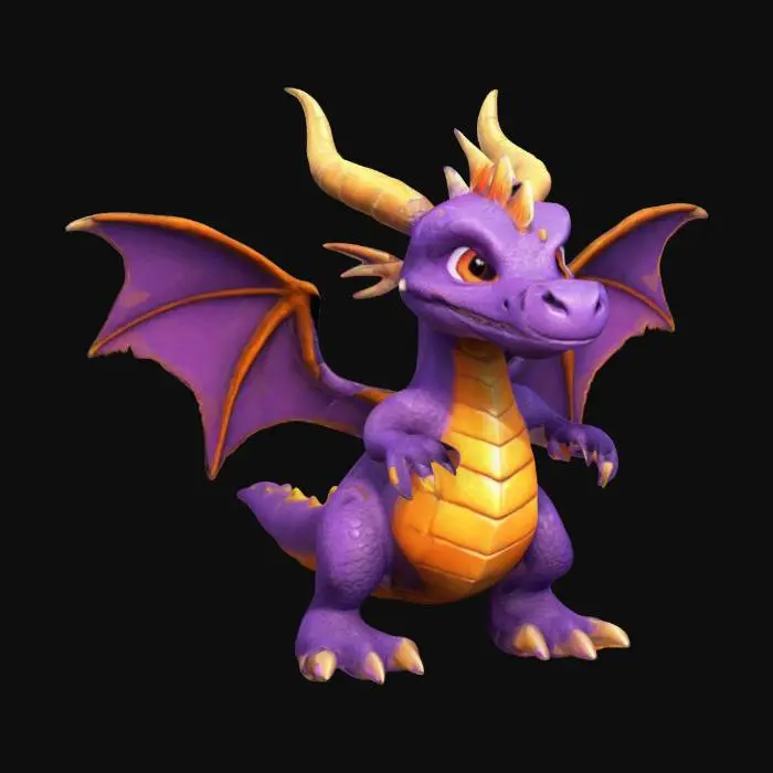3D model for Dragon as a character from the game Spyro with purple fur, orange wings, horns and tail tip, 4k, hdr, correct UV map