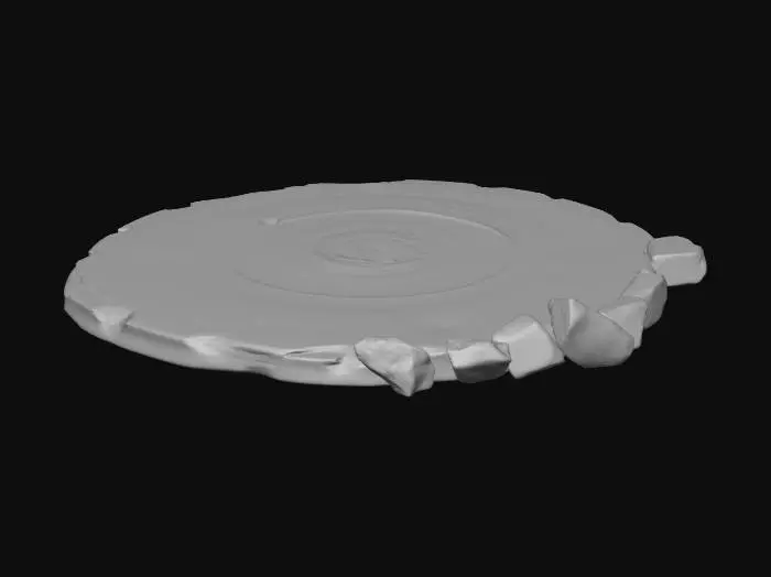 3D model for 10 inches round disk that is flat and two inches thick. with rocks coming our of the top side edge