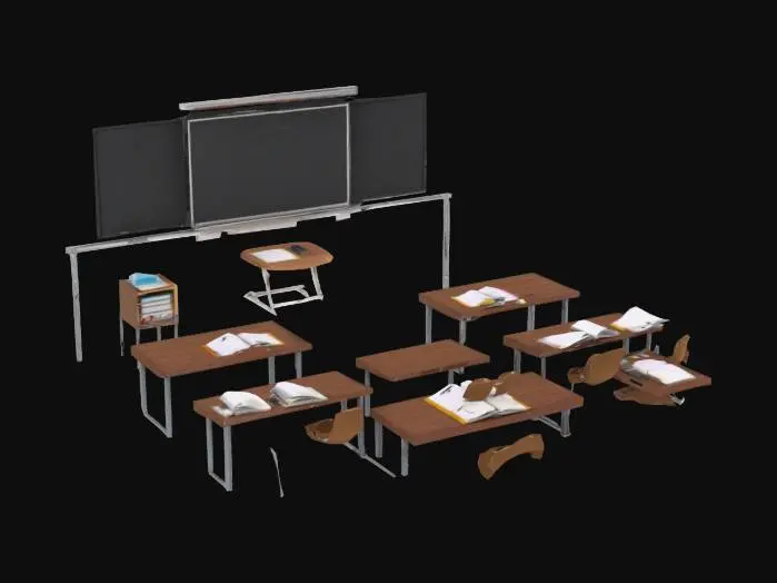 3D model for 写实风格的高中教室3D模型，现代设计，宽敞明亮。正前方有大型推拉式黑板（左侧嵌入90英寸智能教学屏幕），黑板下方是带储物功能的讲台，散落粉笔和翻页笔。教室内排列30套深棕色木质课桌椅（4列×6行，过道居中），桌上有摊开的课本、文具盒和矿泉水瓶。侧墙有3扇大玻璃窗（带浅蓝色窗帘），窗外可见操场和绿树。后墙贴有班级荣誉榜、学生手绘海报和时钟。天花板悬挂6组LED护眼灯管，角落放置绿植盆栽。地面为浅灰色防滑地砖，午后阳光从窗户斜射入室内。整体氛围整洁但略带使用痕迹（如粉笔灰、轻微磨损的桌椅）。渲染风格偏向写实，细节丰富，光线自然。"