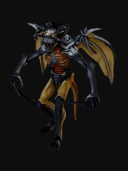 3D model for Dark fantasy colossal humanoid monster, 5 meters tall, hunched forward. Emaciated body, ribcage and spine exposed, skin like dried parchment. No face — open ancient book grows from skull, pages with shifting glowing runes, void eyes leaking dark ink. Four arms: upper pair massive with 7 elongated fingers ending in bone paintbrushes dripping black ink, lower pair withered clutching armor fragments. Reverse-jointed bird-like legs leaving handprints on ground. Broken wing structure on back made of torn manuscript pages and bones. Elden Ring cosmic horror fused with Expedition 33 oil painting aesthetic. Palette: deep black, aged sepia, rotten gold, dark violet, wet ink. Ink drip VFX, void energy aura, floating page particles. Ultra-detailed AAA dark fantasy, cinematic pose, black background.