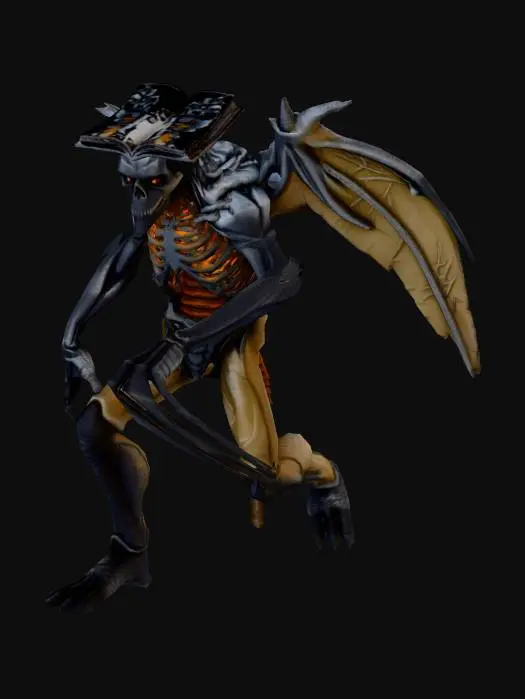 3D model for Dark fantasy colossal humanoid monster, 5 meters tall, hunched forward. Emaciated body, ribcage and spine exposed, skin like dried parchment. No face — open ancient book grows from skull, pages with shifting glowing runes, void eyes leaking dark ink. Four arms: upper pair massive with 7 elongated fingers ending in bone paintbrushes dripping black ink, lower pair withered clutching armor fragments. Reverse-jointed bird-like legs leaving handprints on ground. Broken wing structure on back made of torn manuscript pages and bones. Elden Ring cosmic horror fused with Expedition 33 oil painting aesthetic. Palette: deep black, aged sepia, rotten gold, dark violet, wet ink. Ink drip VFX, void energy aura, floating page particles. Ultra-detailed AAA dark fantasy, cinematic pose, black background.