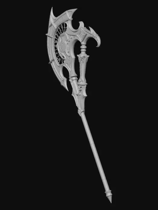 3D model for Massive dark fantasy halberd, 2.1 meters tall. Blade: double-sided black adamantium fused with stellar obsidian, purple-black iridescent sheen, one side curved razor edge with micro-serrations, other side spiraling drill tip. Dragon tooth fragments embedded, glowing purple cracks. Top: sharp adamantium hook. Shaft: dark ebony wood wrapped with glowing mithril wire veins, blue-white pulse. Central bat-wing mithril hand guard. Cracked soul crystal at blade junction, deep violet heartbeat glow. Intricate runes glowing red-to-violet gradient across full weapon. VFX: dark purple smoke rising from blade, void energy dark particles floating around it, ghostly soul wisps in the aura. Ultra-realistic dark fantasy, AAA game quality, cinematic hero shot, black background, weapon as own light source.