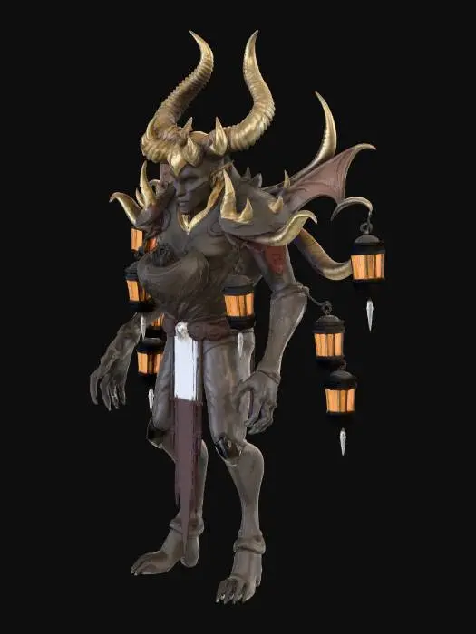 3D model for Full-body dark fantasy boss creature, regal grotesque humanoid king, 6 meters tall, elongated legs with double joints, narrow waist, broad torso, aristocratic pale face with permanent stretched smile, sunken golden slit eyes, long dirty white hair with metallic strands, translucent spiral horns, rusted iron crown fused into skull. Chest cavity contains antique lantern heart emitting impossible white-gold flame with tiny silhouettes inside. Eight grafted arms symmetrically arched from back, each different skin tone and detail, plus two main arms with mismatched fingers. Seven floating orbiting lanterns. Lower body partially calcified gold crust over flesh. Materials: wax skin, raw flesh, aged metal, emissive veins. Ultra detailed, cinematic, AAA boss, high poly, sharp silhouette, dramatic l