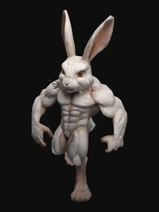 3D model for A muscular anthropomorphic rabbit with a strong, athletic build. Its body is covered in soft fur, with powerful limbs and defined muscles. The rabbit has large, expressive eyes and long, upright ears. It stands tall with a confident posture, showcasing its strength and agility. The rabbit's arms and legs are well-defined, with toned muscles, giving it an appearance of a skilled fighter or athlete. Its tail is fluffy, and its stance exudes both speed and power.