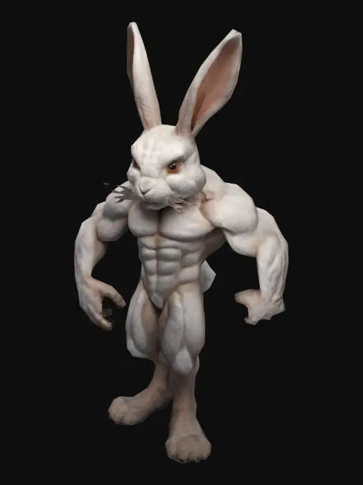 3D model for A muscular anthropomorphic rabbit with a strong, athletic build. Its body is covered in soft fur, with powerful limbs and defined muscles. The rabbit has large, expressive eyes and long, upright ears. It stands tall with a confident posture, showcasing its strength and agility. The rabbit's arms and legs are well-defined, with toned muscles, giving it an appearance of a skilled fighter or athlete. Its tail is fluffy, and its stance exudes both speed and power.