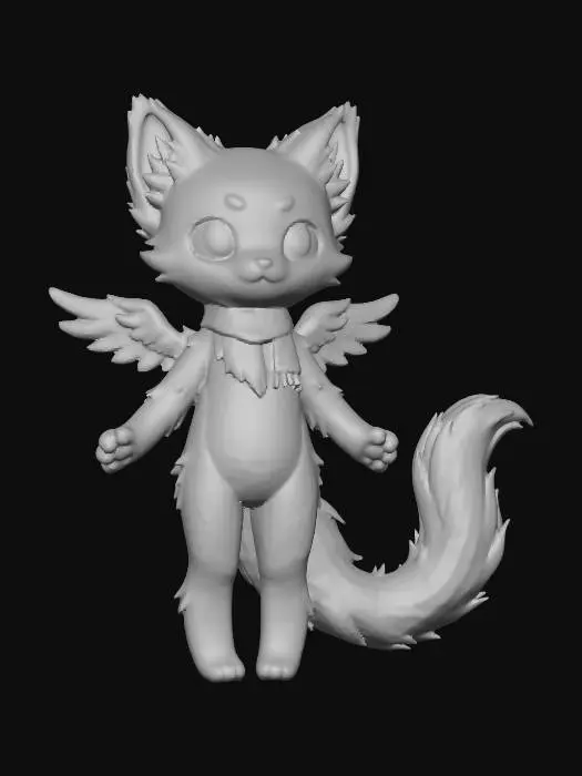 3D model for erstelle mir ein fur-buddy im anime style. es soll ein super süßer sidekick werden. Es soll eine mischung aus katze und drache. er hat fell und grau blaue fellfarbe.