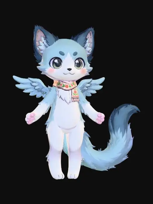3D model for erstelle mir ein fur-buddy im anime style. es soll ein super süßer sidekick werden. Es soll eine mischung aus katze und drache. er hat fell und grau blaue fellfarbe.
