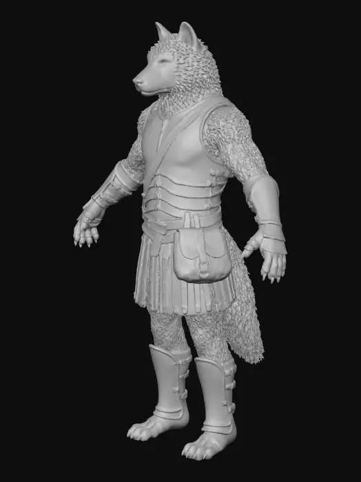3D model for erstelle mir einen wolfskrieger im anthropomorphen stil. er trägt eine lederrüstung und einen lederkilt, er steht im corfussstand un hat graue augen und graues fell