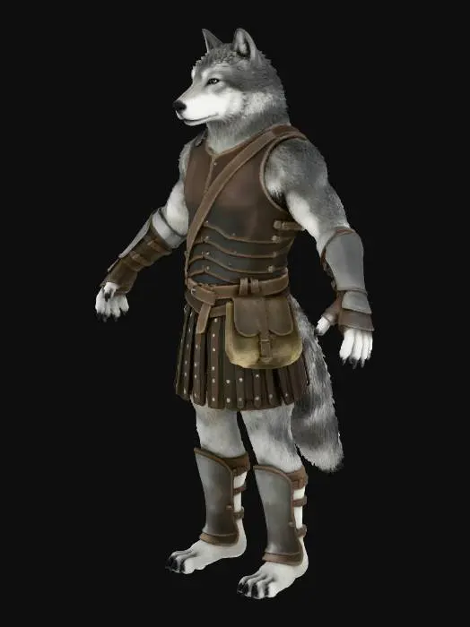 3D model for erstelle mir einen wolfskrieger im anthropomorphen stil. er trägt eine lederrüstung und einen lederkilt, er steht im corfussstand un hat graue augen und graues fell