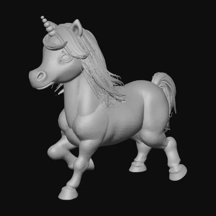 3D model for ein einhorn das einen regenbogenfarben schweif und schwanz hat.