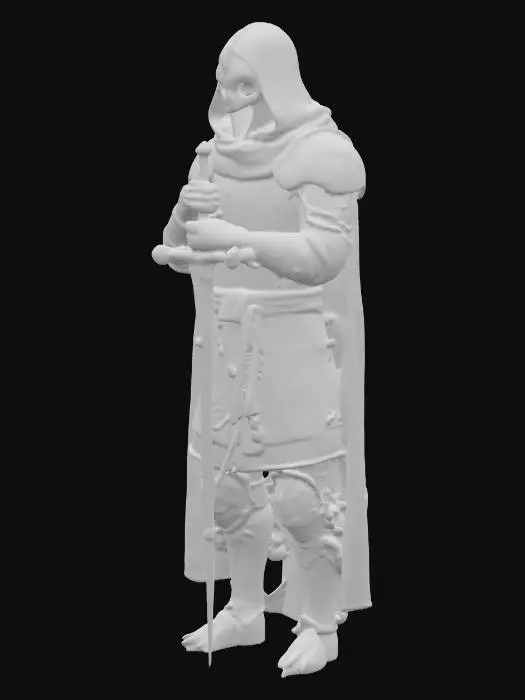 3D model for Templar Knight, Unholy, Silver and Gold, Metallic Skull Mask, Elden Ring themed, Holding a Greatsword. Intricate golden swirl details. Worn cape, leather and metal