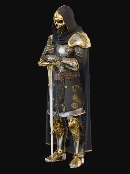 3D model for Templar Knight, Unholy, Silver and Gold, Metallic Skull Mask, Elden Ring themed, Holding a Greatsword. Intricate golden swirl details. Worn cape, leather and metal