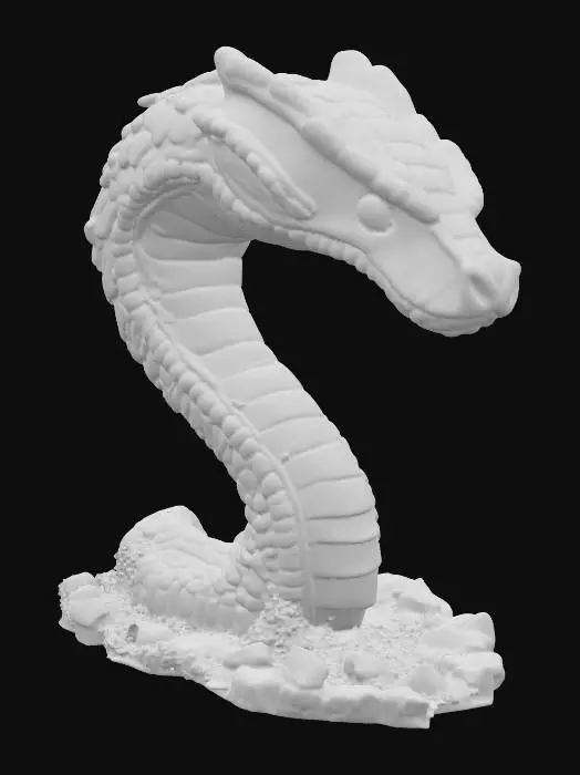 3D model for Giant statue of a cobra head on a pedestal. Intricate details, realistic, imposing, worn, overgrown, moss in the cracks of the statue