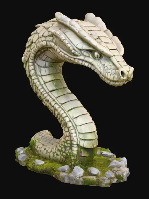 3D model for Giant statue of a cobra head on a pedestal. Intricate details, realistic, imposing, worn, overgrown, moss in the cracks of the statue
