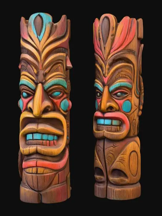 3D model for Ancient Tiki Totem, beautiful wooden colours, paint, colourful, intricate details