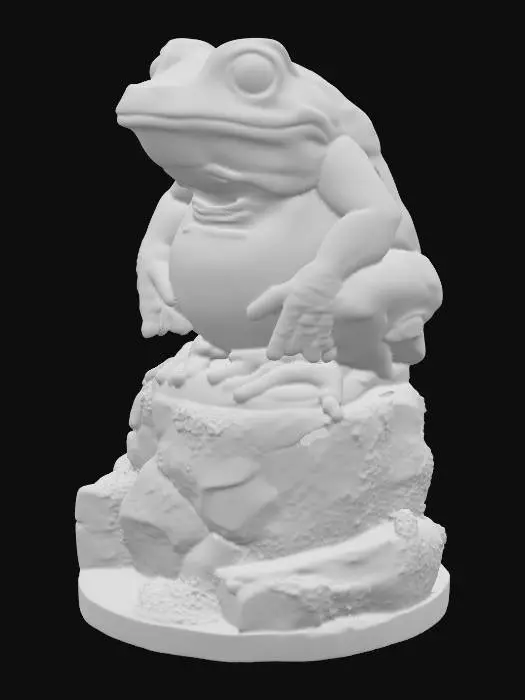 3D model for Giant statue of a frog on a pedestal. Intricate details, realistic, imposing, worn, overgrown, moss in the cracks of the statue, rocks,