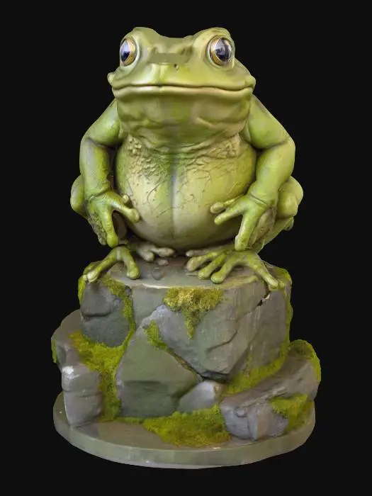 3D model for Giant statue of a frog on a pedestal. Intricate details, realistic, imposing, worn, overgrown, moss in the cracks of the statue, rocks,